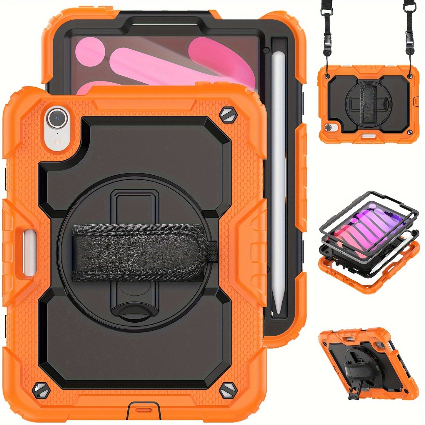 Heavy Duty Shockproof Protective Case for iPad 5th-10th Gen, Mini 6, Pro 11 - Orange, with Screen Protector, Stand, Strap, Pen Holder