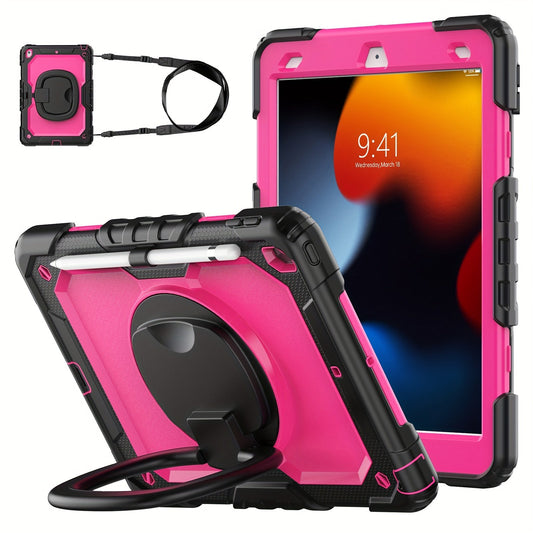 For IPad Heavy Duty Shockproof Case No Screen Protector With Stand, Hand Strap/Shoulder Strap And Pencil Holder, Rose Red