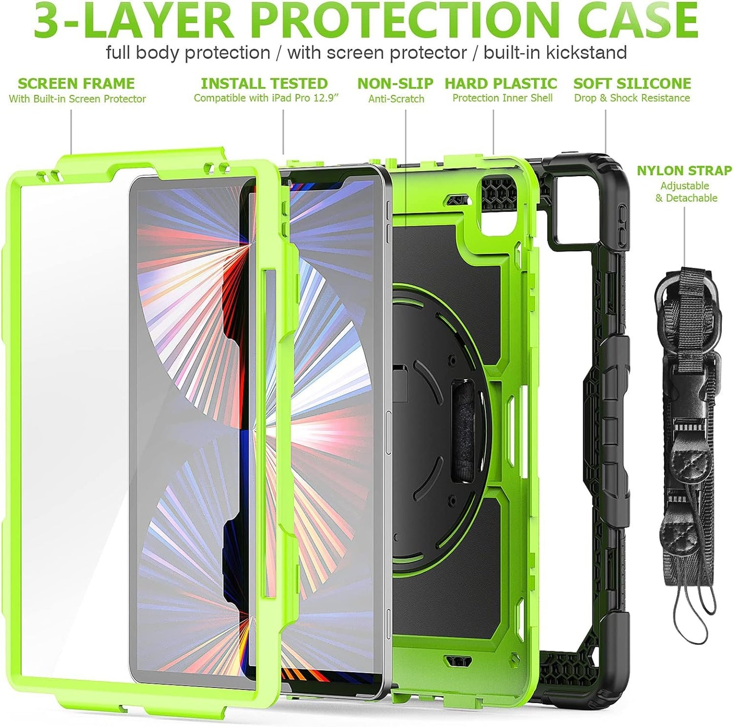 FANSONG Case for iPro 12.9 inch 2022 2021 2020 2018, Cover for iPad Pro 6th 5th 4th 3rd Gen Shockproof with Screen Protector Pencil Holder 360° Stand Handle Shoulder Strap Heavy for iPad Pro 12.9 inch