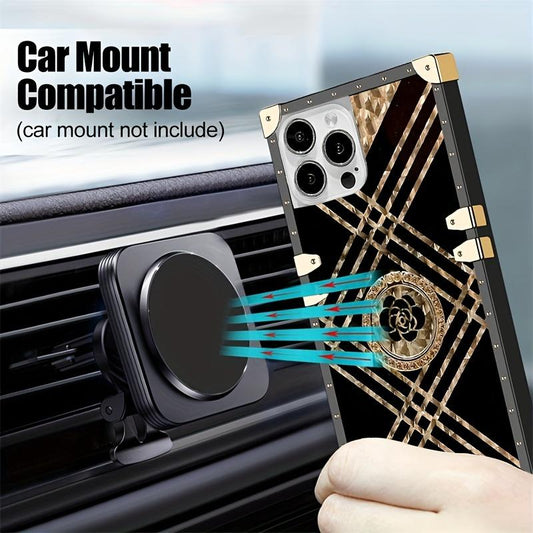 Retro Square Glitter Phone Case, Soft TPU Metal Edge Bumper Cover With Ring Holder, For Apple Apple IPhone 14 13 12 11 Plus/ Pro/Pro Max