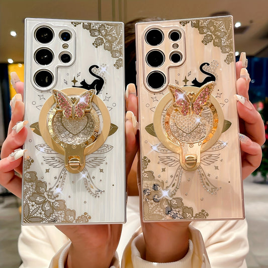 For Samsung Galaxy S24 Ultra/S23 Ultra/S22 Ultra/S24+/S23+/S22+ Phone Magnetic Case Luxury Cute Sparkling Rhinestone Butterfly Flower Design With Ring Stand, Electroplated Glitter Girl Case