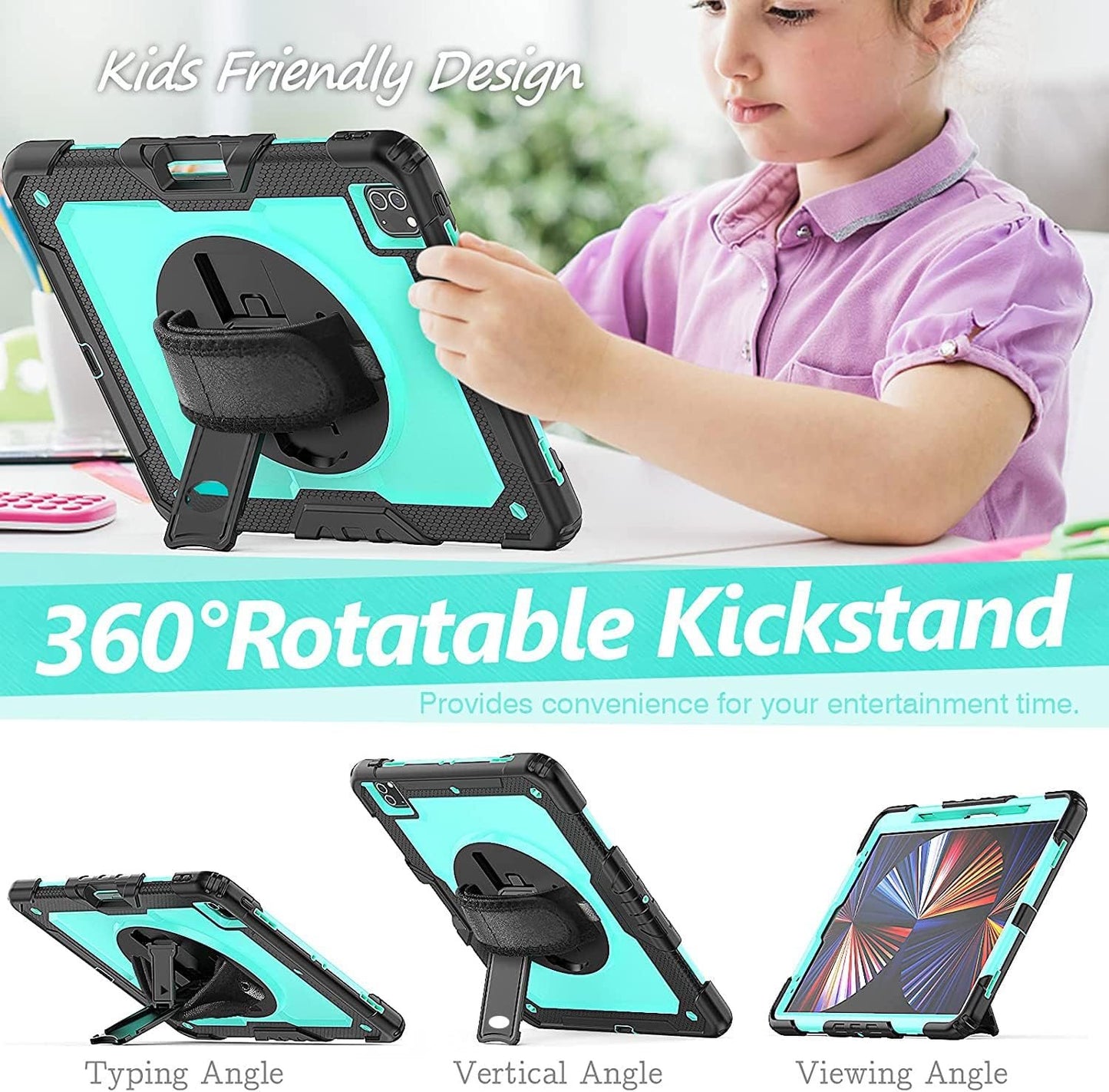 FANSONG Case for iPro 12.9 inch 2022 2021 2020 2018, Cover for iPad Pro 6th 5th 4th 3rd Gen Shockproof with Screen Protector Pencil Holder 360° Stand Handle Shoulder Strap Heavy for iPad Pro 12.9 inch