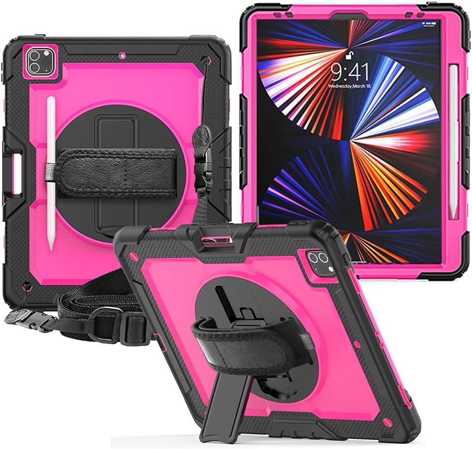iPad Pro 12.9 inch Case 6th 2022 2021 5th Generation iPad Pro 12.9 Inch 2020 4th Gen with Screen Protector Pencil Holder Kids Shockproof Rugged Silicone Cover 360 Stand Hand Strap Black