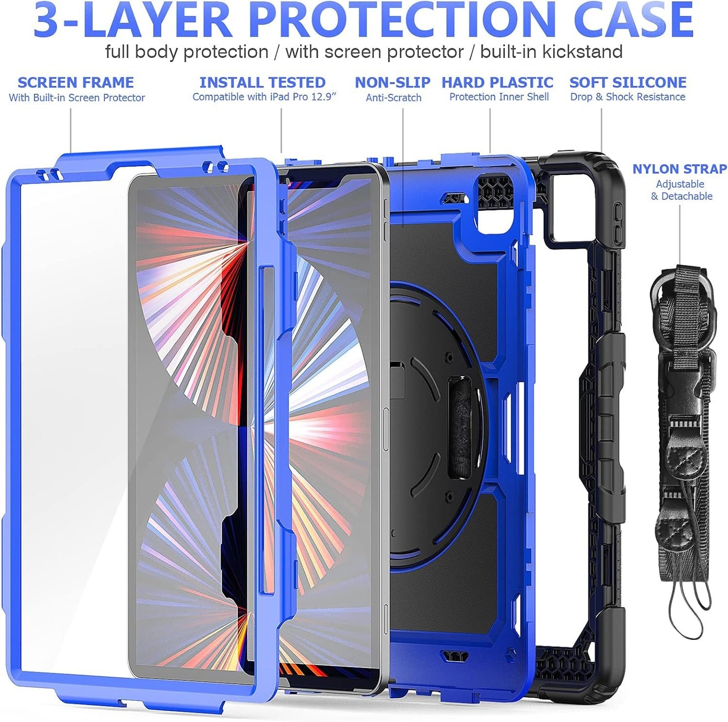 FANSONG Case for iPro 12.9 inch 2022 2021 2020 2018, Cover for iPad Pro 6th 5th 4th 3rd Gen Shockproof with Screen Protector Pencil Holder 360° Stand Handle Shoulder Strap Heavy for iPad Pro 12.9 inch