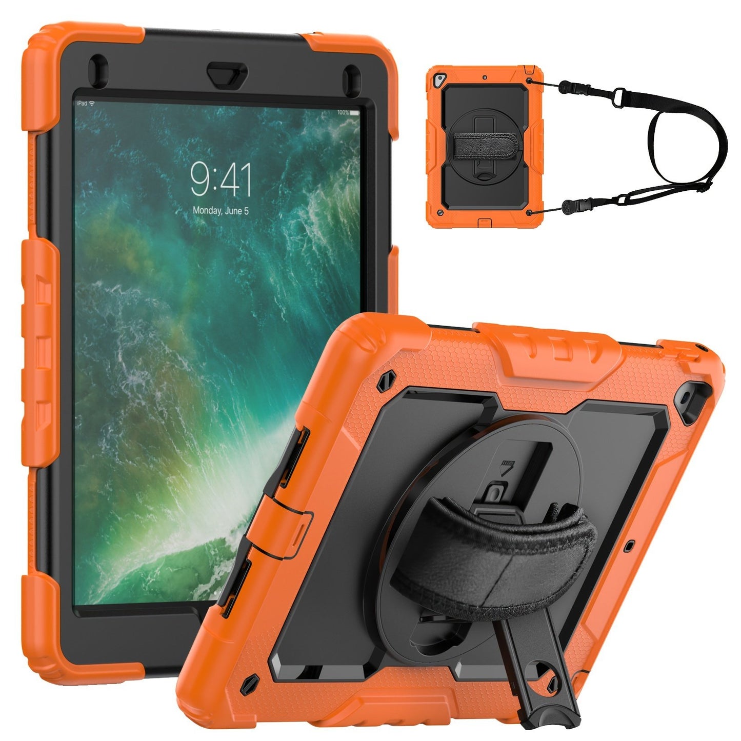 Heavy Duty Shockproof Protective Case for iPad 5th-10th Gen, Mini 6, Pro 11 - Orange, with Screen Protector, Stand, Strap, Pen Holder