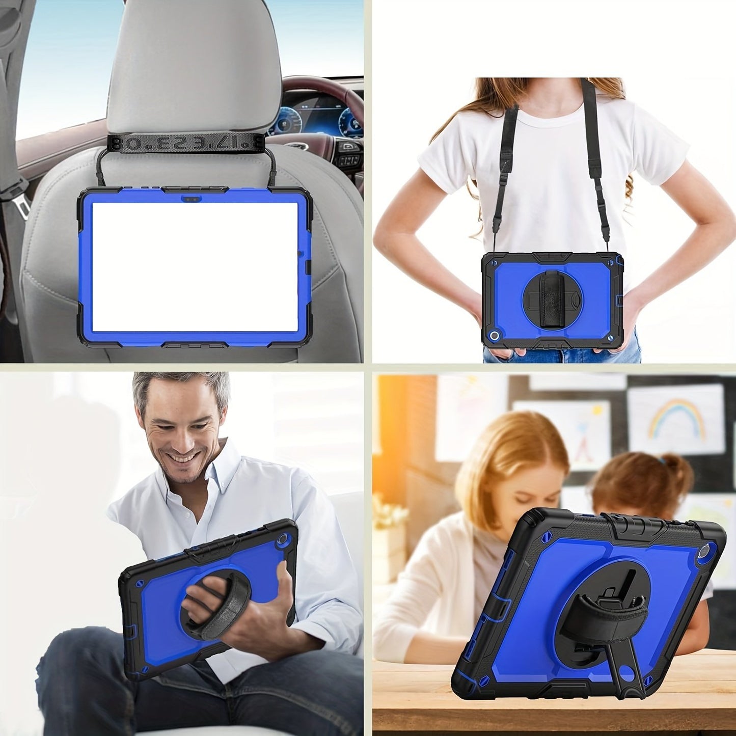 Herize Galaxy Tab A9+ Case SM-X210/X215/X216 with Screen Protector | Heavy Duty Shockproof Cover W/Penci Holder 360 Rotating Stand Hand Strap Shoulder Strap for Samsung Tab A9 Plus 11 Inch | Blue