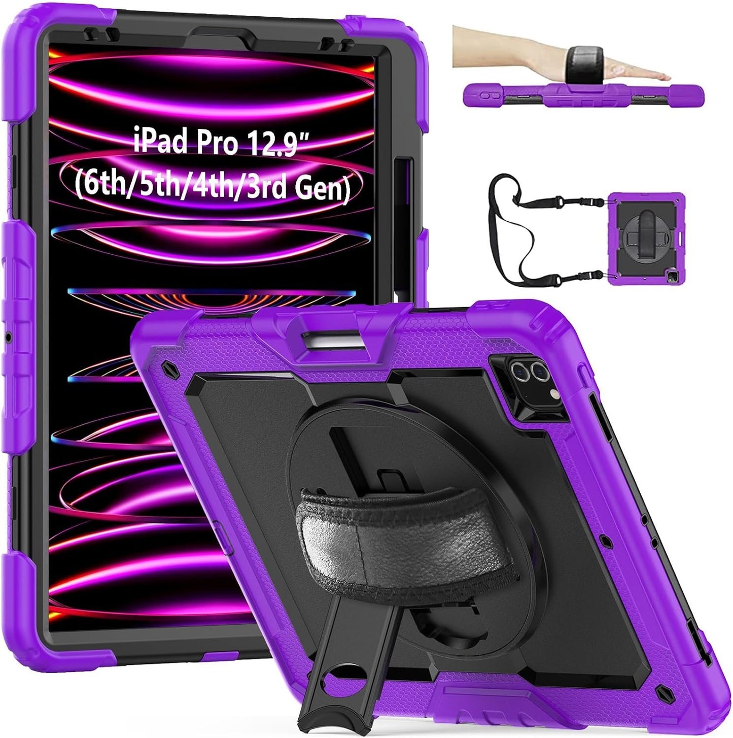 FANSONG Case for iPro 12.9 inch 2022 2021 2020 2018, Cover for iPad Pro 6th 5th 4th 3rd Gen Shockproof with Screen Protector Pencil Holder 360° Stand Handle Shoulder Strap Heavy for iPad Pro 12.9 inch