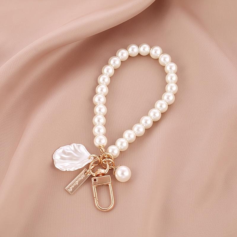 Faux Pearl Beaded Wristlet Phone Lanyard Strap Cord Cute Shell Heart Bracelet Key Chain Purse Bag Charm Earbud Case Cover Accessories Women Girls Gift