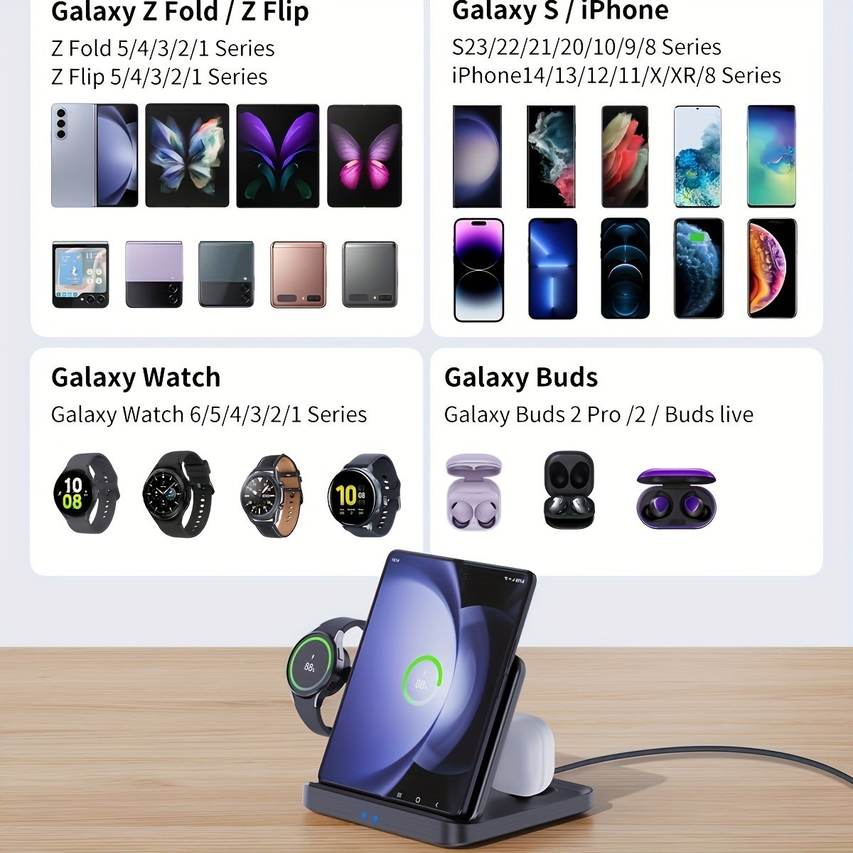 Foldable 3 In 1 Wireless Charger For Samsung Galaxy Z Fold 5 4 Flip 4 S23 S21 NOTE Series 3 In 1 Fast Charging Station For Galaxy Watch 6/5/4/3 Series Active 1/2 Galaxy Buds2 Pro Live