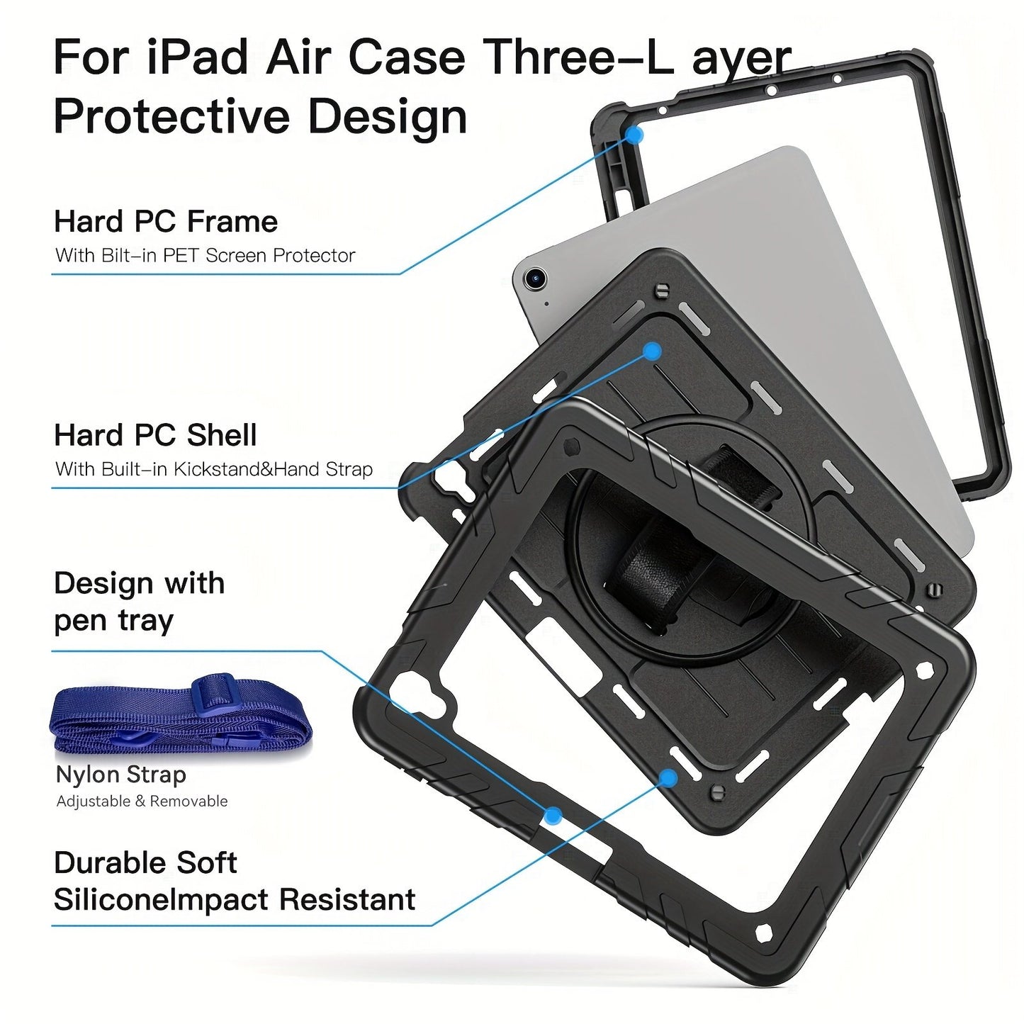 Suitable For IPad Air4/5 10.9 Protective Case New Design For IPad 10.9 Inch 2020/2022 Silicone PC With Adsorption Pen Slot Design 360° Rotatable Stand With Hand Strap Adjustable Shoulder Strap Drop-proof For IPad Air4/5