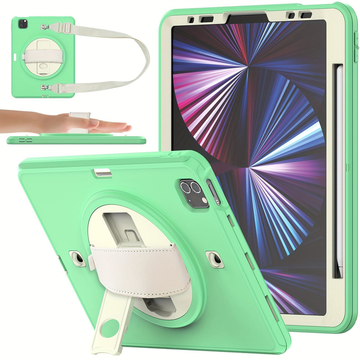 Funda para iPad Air 4/Air 5 de 10.9 pulgadas, para Pro de 11 pulgadas 2022/2021/2020/2018; con protección fuerte, protector de pantalla, correa de mano, correa para el hombro, soporte giratorio, portalápices