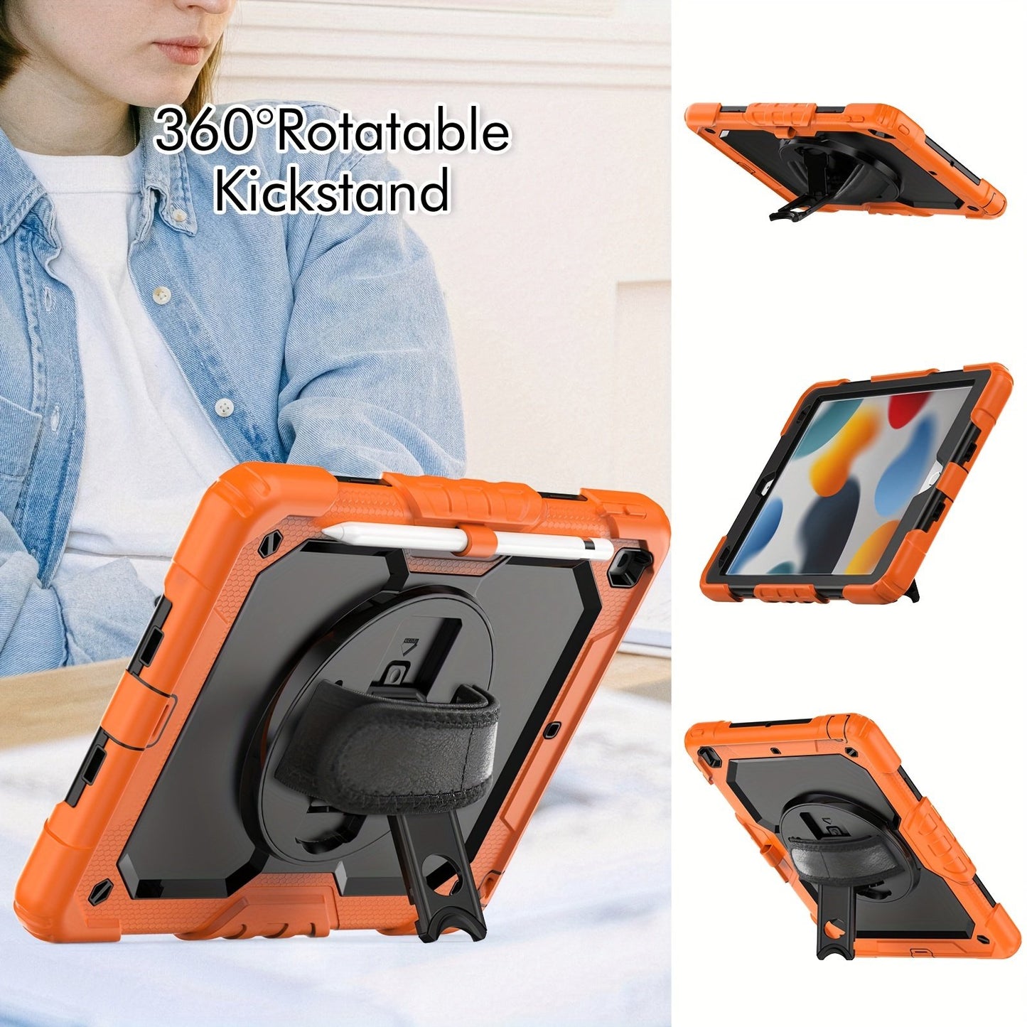 Heavy Duty Shockproof Protective Case for iPad 5th-10th Gen, Mini 6, Pro 11 - Orange, with Screen Protector, Stand, Strap, Pen Holder