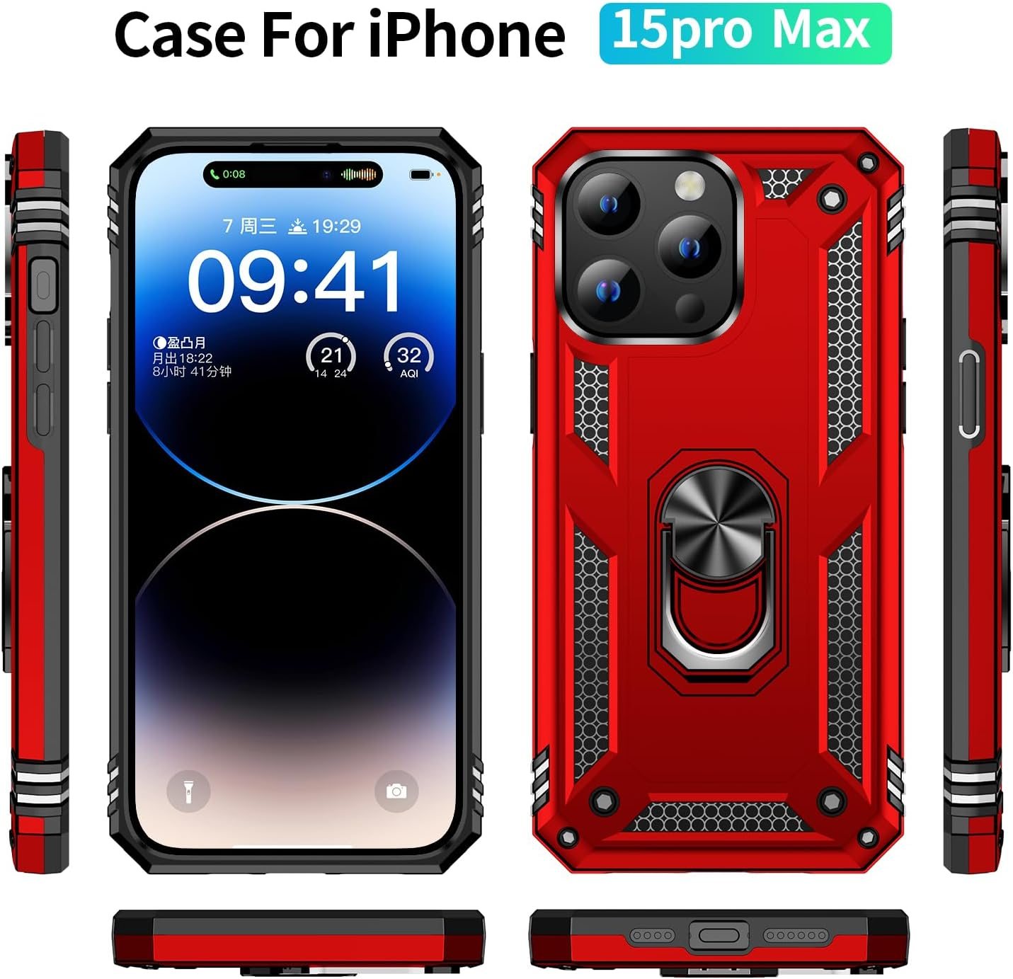 FAN SONG Case for iPhone 15 Pro Max Case with Stand, Military Grade Drop Protection Cover TPU and PC Protective Phone Case 360°Magnetic Ring Kickstand Stand for iPhone 15 Pro Max 2023 6.1", Black