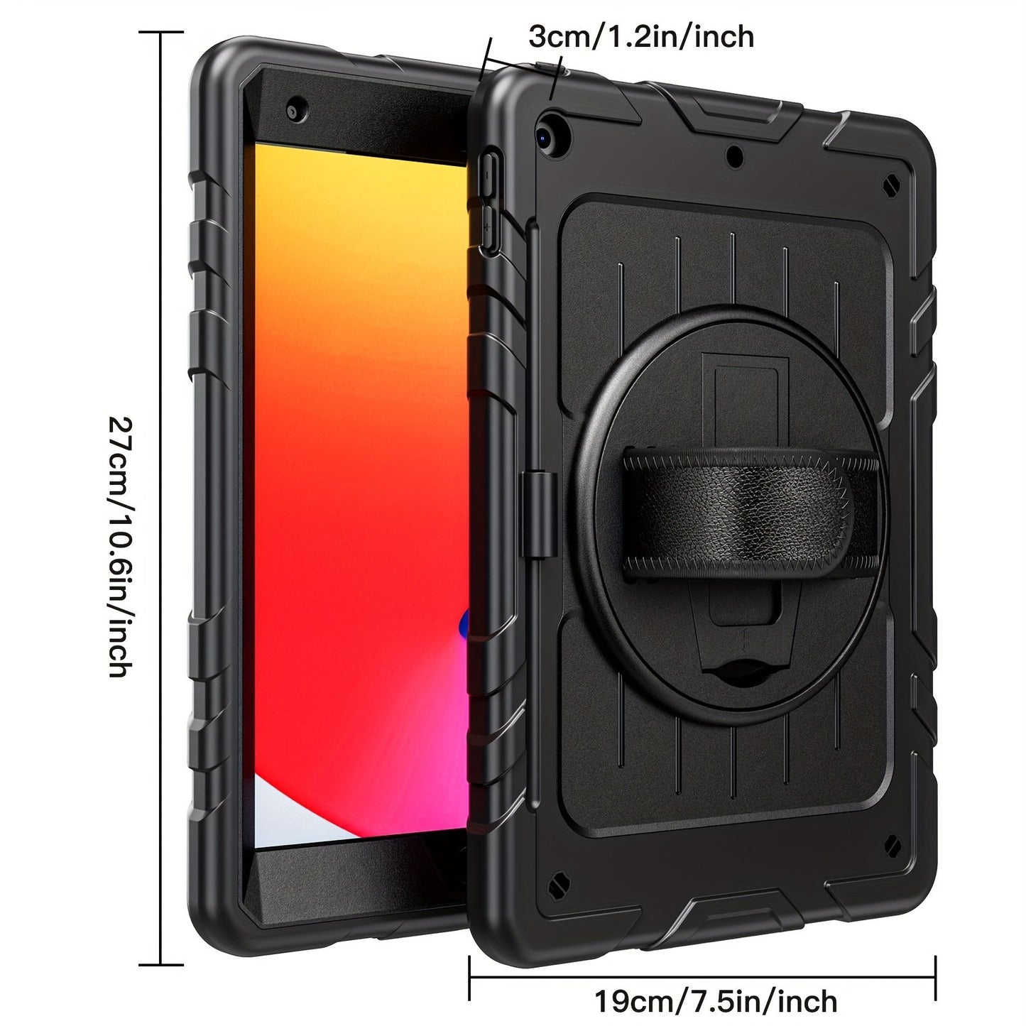 Shockproof Protective Case for iPad 10.2 inch for 9th/8th/7th Gen with Screen Protector, Hand Strap/Shoulder Strap, Rotatable Stand, Pencil Holder, Heavy-Duty Protective Adjustable Shoulder Strap Cover