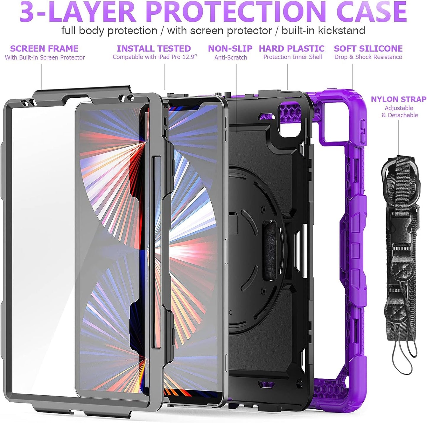 FANSONG Case for iPro 12.9 inch 2022 2021 2020 2018, Cover for iPad Pro 6th 5th 4th 3rd Gen Shockproof with Screen Protector Pencil Holder 360° Stand Handle Shoulder Strap Heavy for iPad Pro 12.9 inch