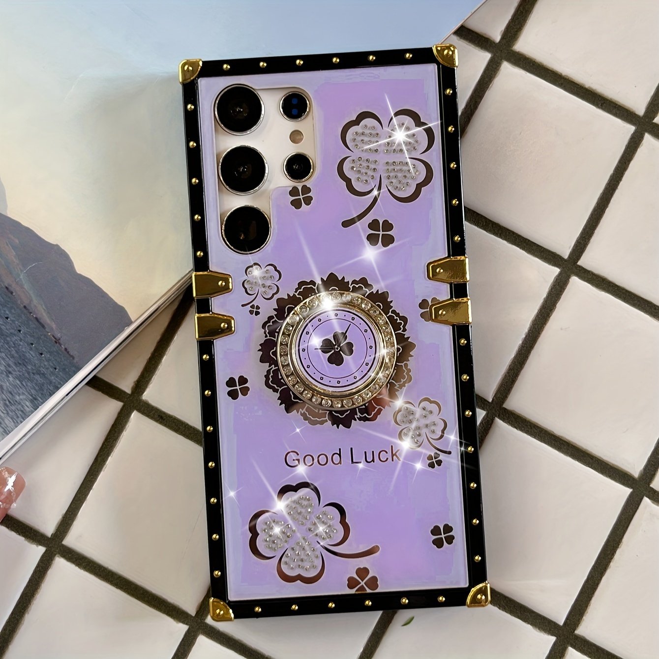 A Square Lucky Four-leaf Clover Stand Gorgeous Fashion Drop Protection Phone Case For IPhone Samsung Phones