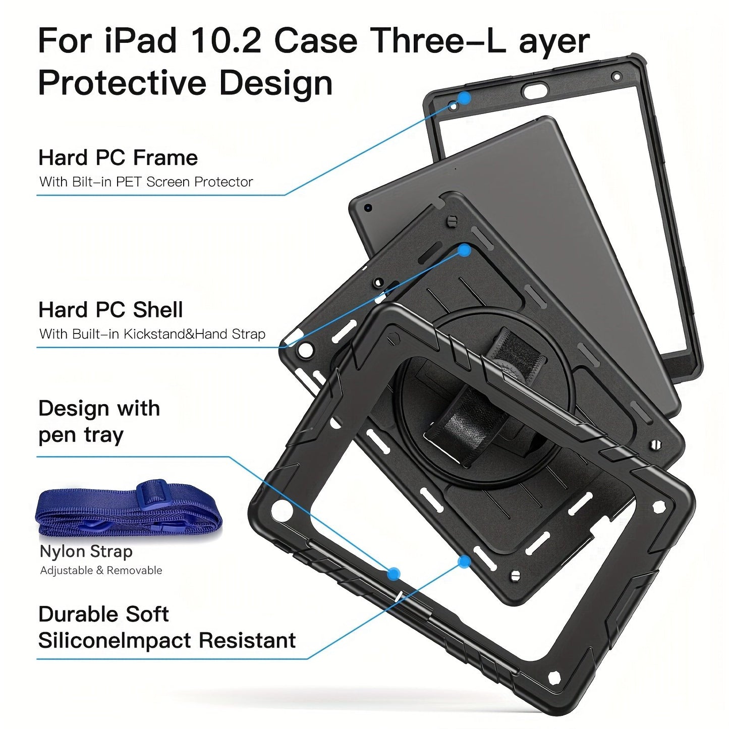 Shockproof Protective Case for iPad 10.2 inch for 9th/8th/7th Gen with Screen Protector, Hand Strap/Shoulder Strap, Rotatable Stand, Pencil Holder, Heavy-Duty Protective Adjustable Shoulder Strap Cover