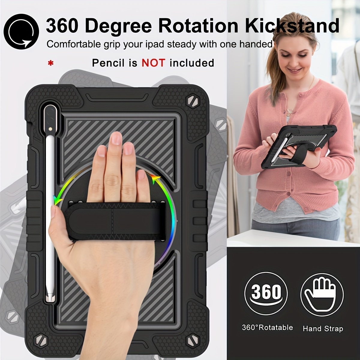 For Samsung Galaxy Tab A7 Lite A8 S6 Lite S7 FE S8 PLUS Case Military Grade Heavy Duty Shockproof Cover - Pencil Holder - Rotating Stand - Hand/Shoulder Strap - Black