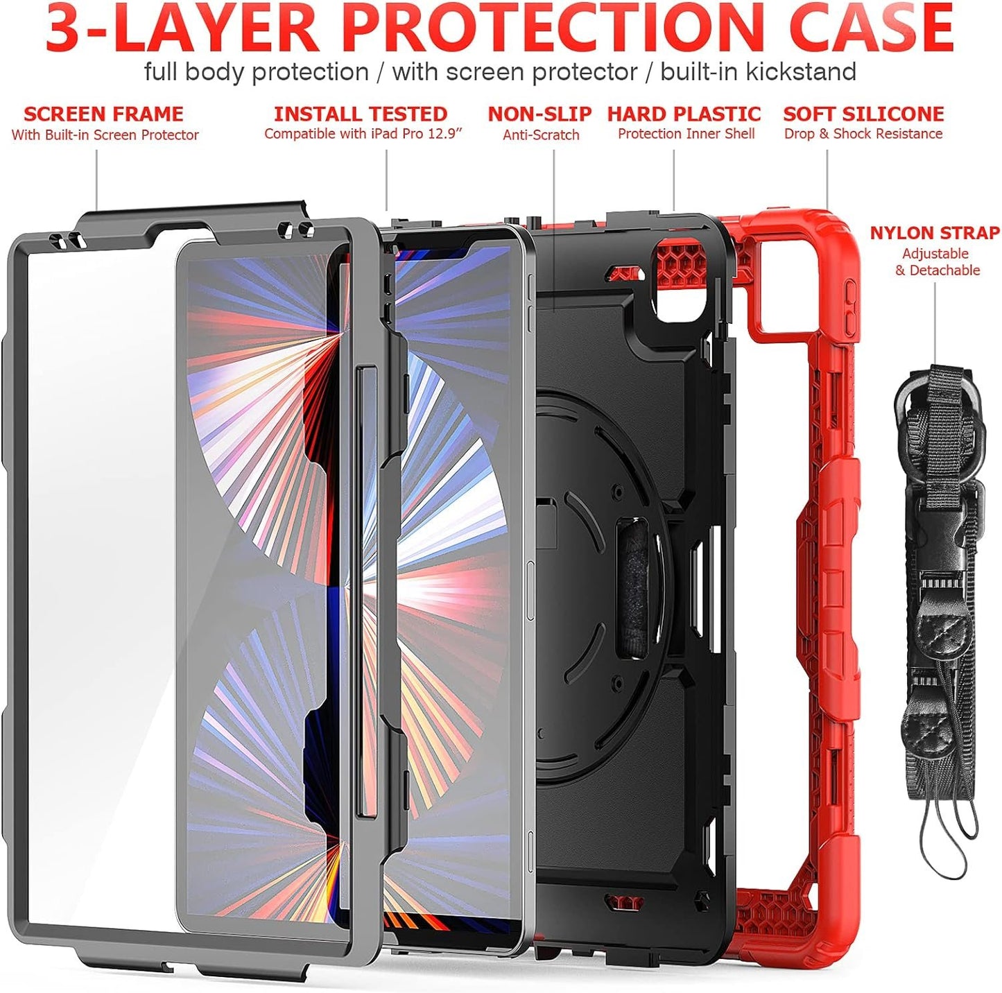 FANSONG Case for iPro 12.9 inch 2022 2021 2020 2018, Cover for iPad Pro 6th 5th 4th 3rd Gen Shockproof with Screen Protector Pencil Holder 360° Stand Handle Shoulder Strap Heavy for iPad Pro 12.9 inch