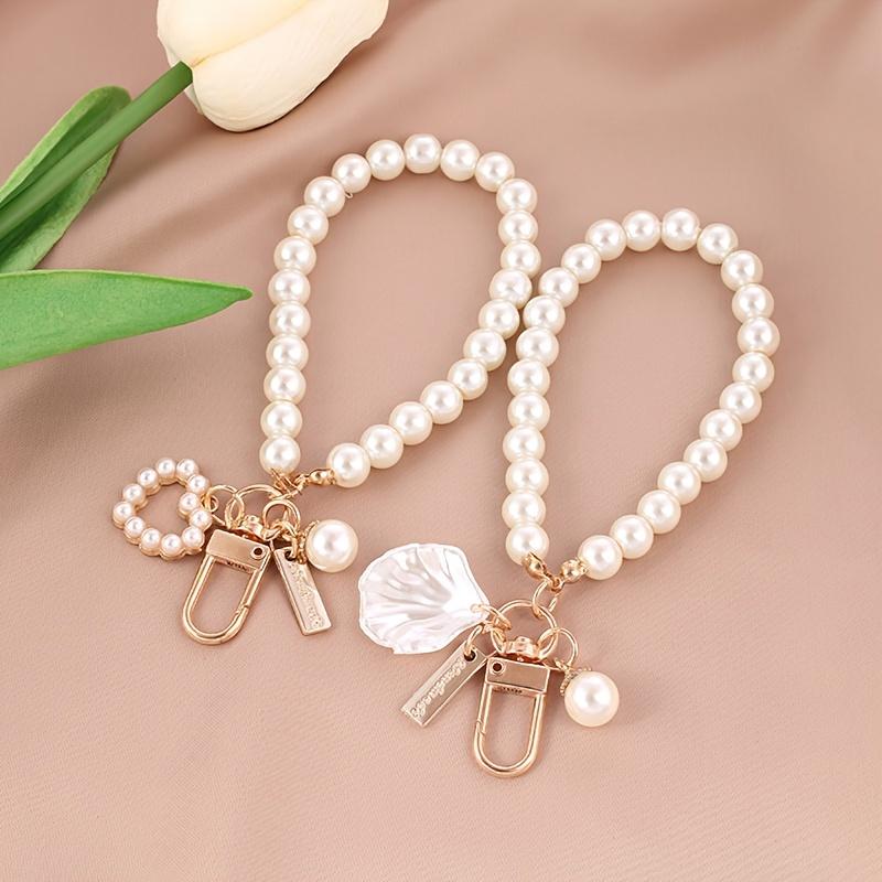 Faux Pearl Beaded Wristlet Phone Lanyard Strap Cord Cute Shell Heart Bracelet Key Chain Purse Bag Charm Earbud Case Cover Accessories Women Girls Gift