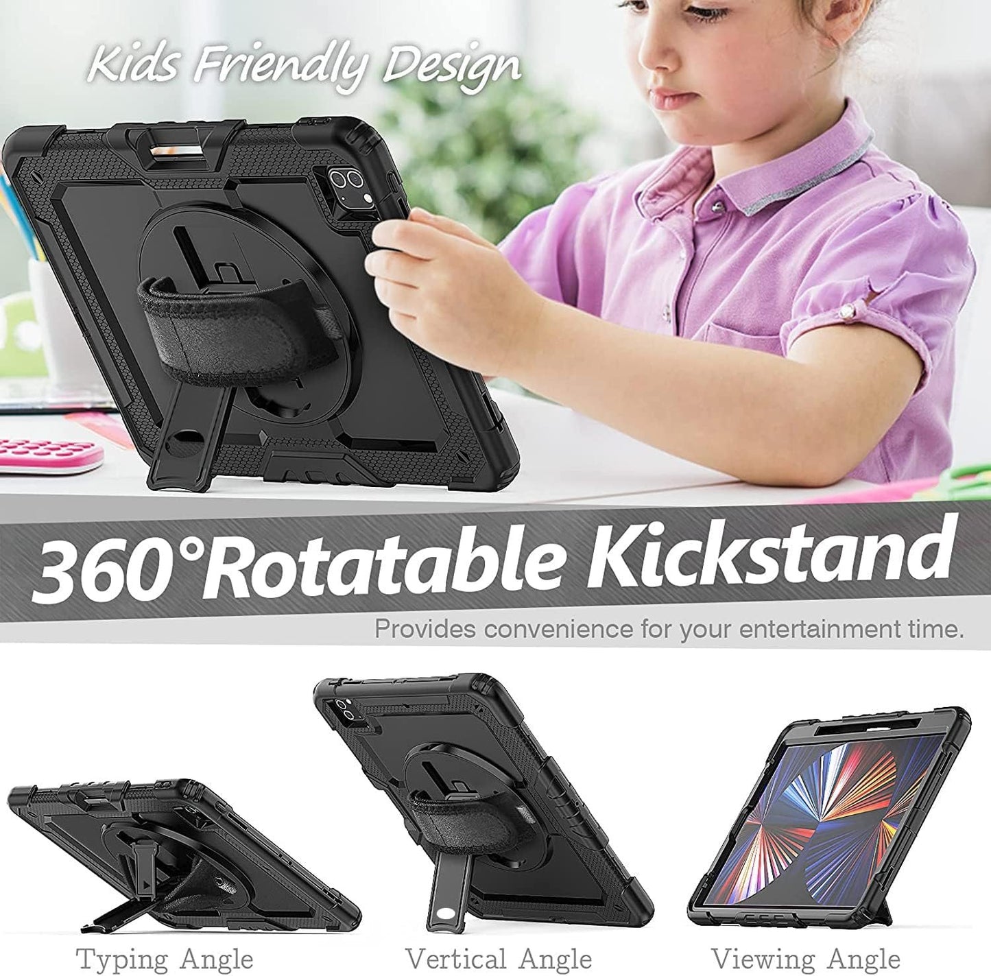 FANSONG Case for iPro 12.9 inch 2022 2021 2020 2018, Cover for iPad Pro 6th 5th 4th 3rd Gen Shockproof with Screen Protector Pencil Holder 360° Stand Handle Shoulder Strap Heavy for iPad Pro 12.9 inch