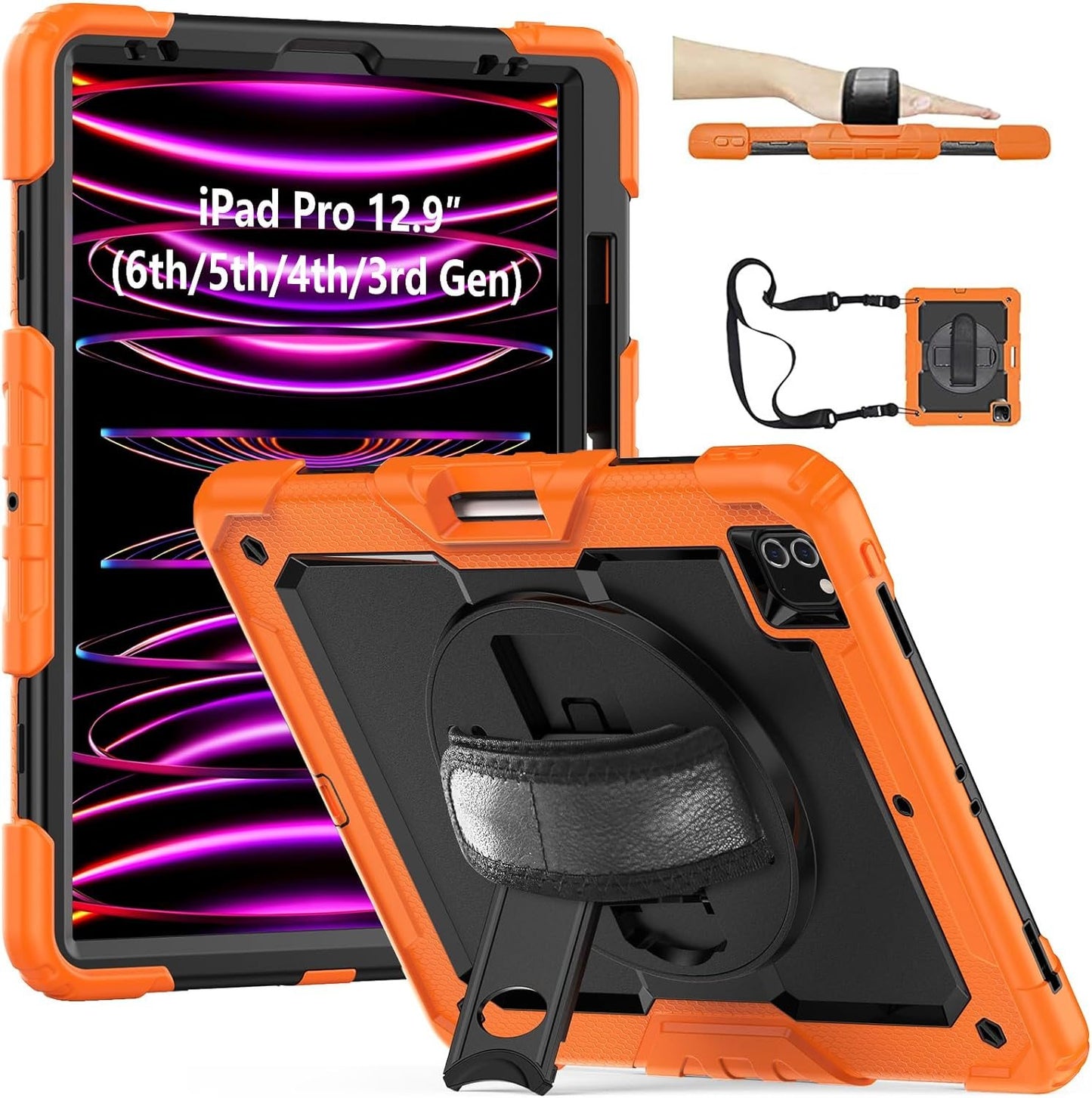 FANSONG Case for iPro 12.9 inch 2022 2021 2020 2018, Cover for iPad Pro 6th 5th 4th 3rd Gen Shockproof with Screen Protector Pencil Holder 360° Stand Handle Shoulder Strap Heavy for iPad Pro 12.9 inch