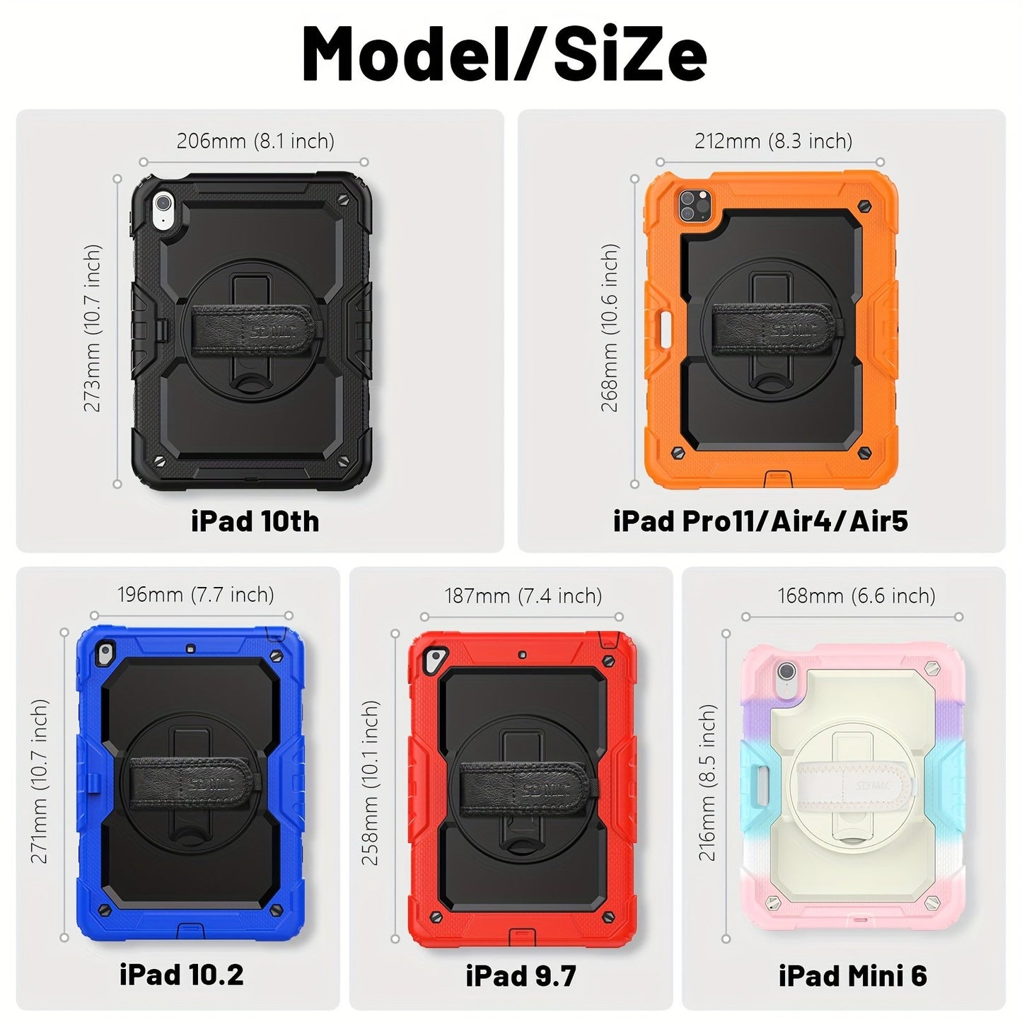 Heavy Duty Shockproof Protective Case for iPad 5th-10th Gen, Mini 6, Pro 11 - Orange, with Screen Protector, Stand, Strap, Pen Holder