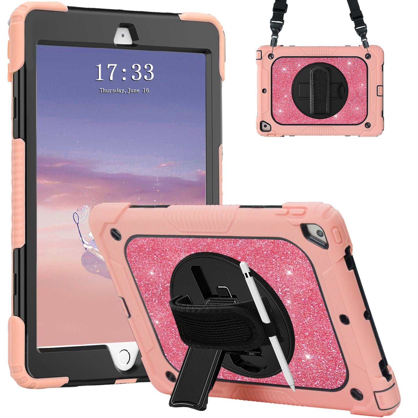 FANSONG iPad 9th 8th 7th Case, Cover for iPad 10.2 inch Kids Glitter with 360° Stand Handle Shoulder Strap Pencil Holder Shockproof Heavy Duty for Apple Tablets iPad 9 2021 8 2020 7 2019