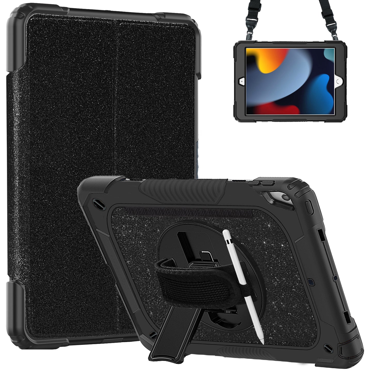 FANSONG iPad 9th 8th 7th Case, Cover for iPad 10.2 inch Kids Glitter with 360° Stand Handle Shoulder Strap Pencil Holder Shockproof Heavy Duty for Apple Tablets iPad 9 2021 8 2020 7 2019