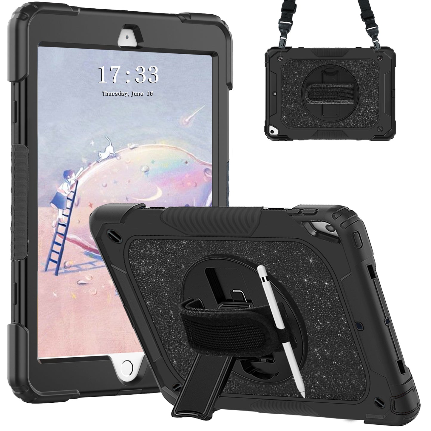 FANSONG iPad 9th 8th 7th Case, Cover for iPad 10.2 inch Kids Glitter with 360° Stand Handle Shoulder Strap Pencil Holder Shockproof Heavy Duty for Apple Tablets iPad 9 2021 8 2020 7 2019