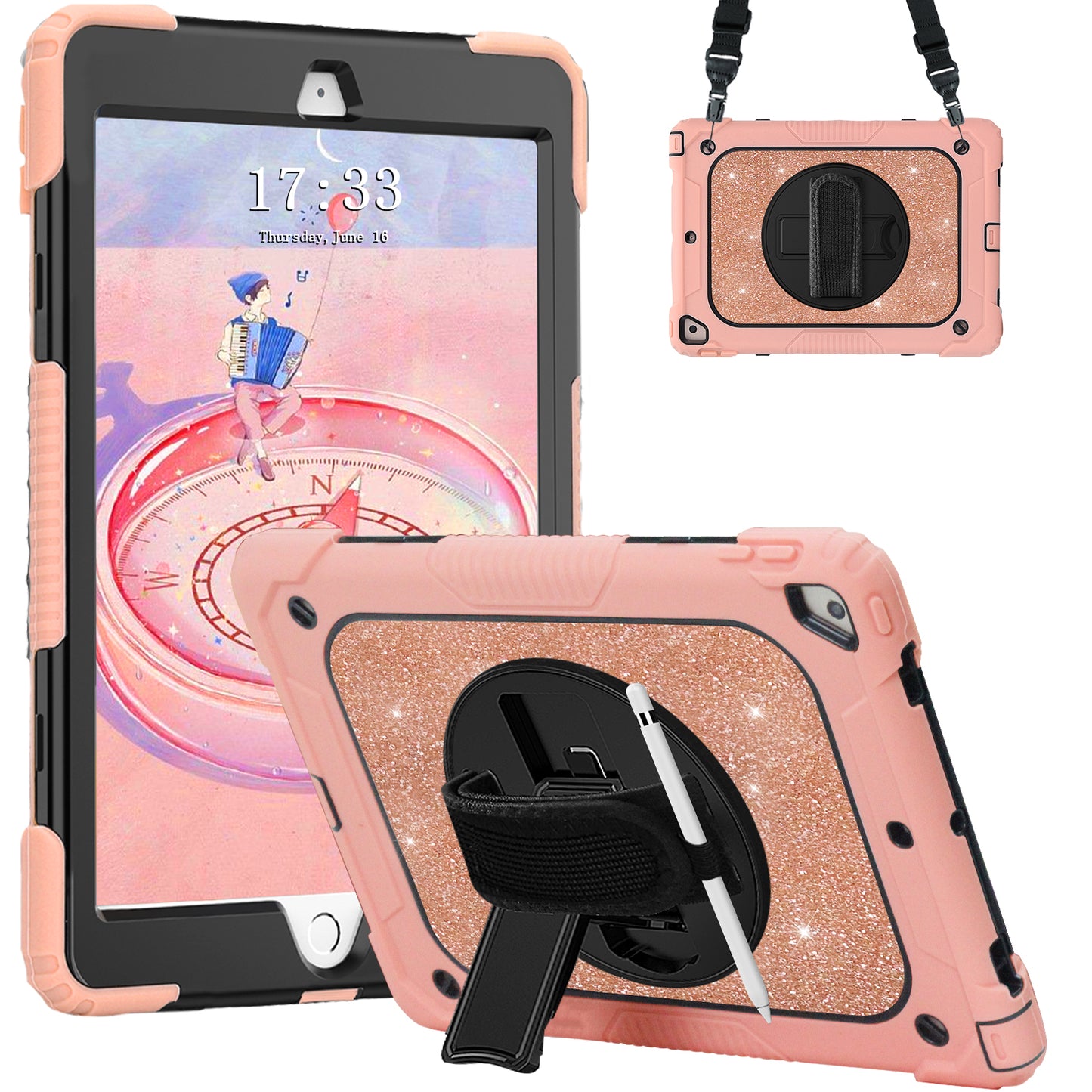 FANSONG iPad 9th 8th 7th Case, Cover for iPad 10.2 inch Kids Glitter with 360° Stand Handle Shoulder Strap Pencil Holder Shockproof Heavy Duty for Apple Tablets iPad 9 2021 8 2020 7 2019