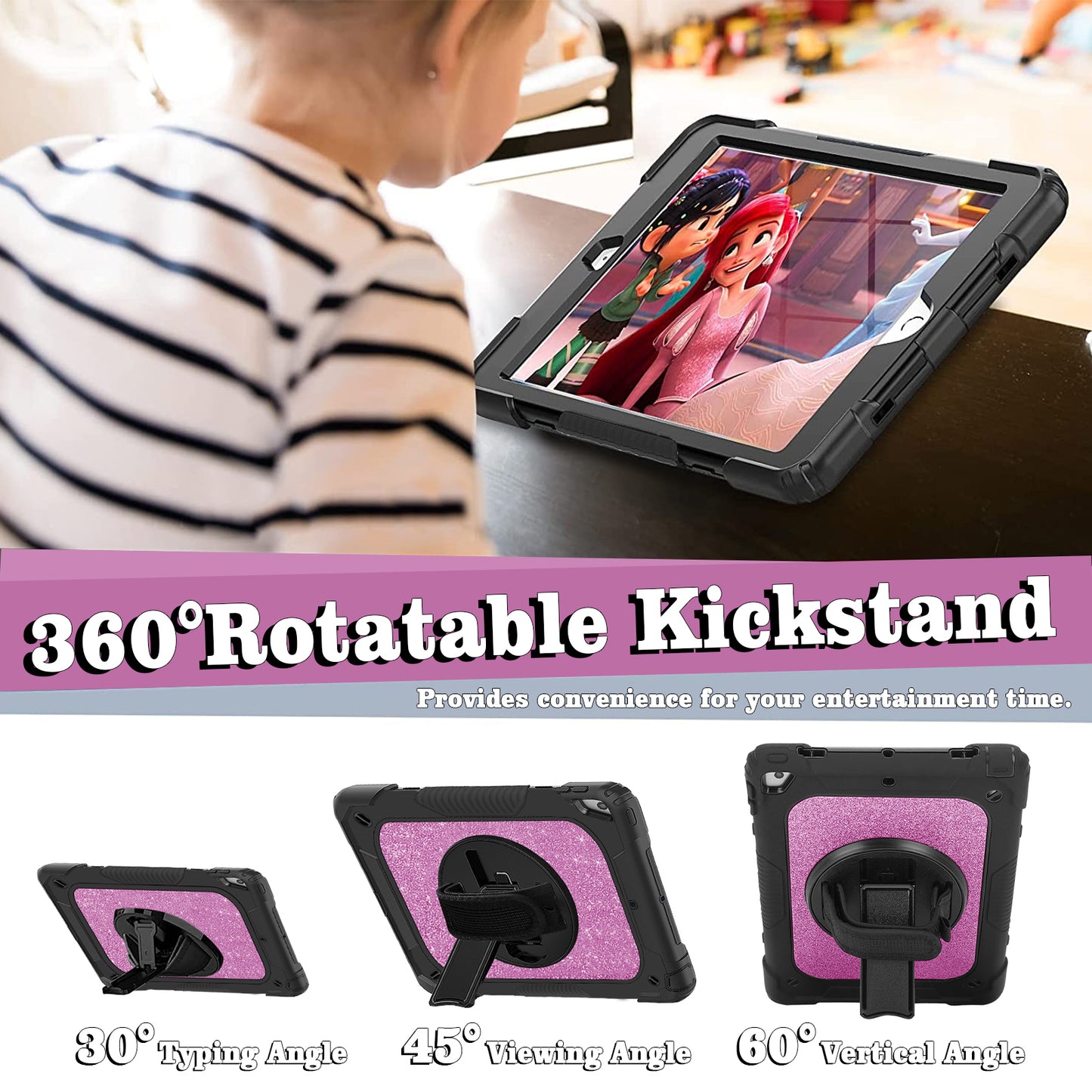 FANSONG iPad 9th 8th 7th Case, Cover for iPad 10.2 inch Kids Glitter with 360° Stand Handle Shoulder Strap Pencil Holder Shockproof Heavy Duty for Apple Tablets iPad 9 2021 8 2020 7 2019