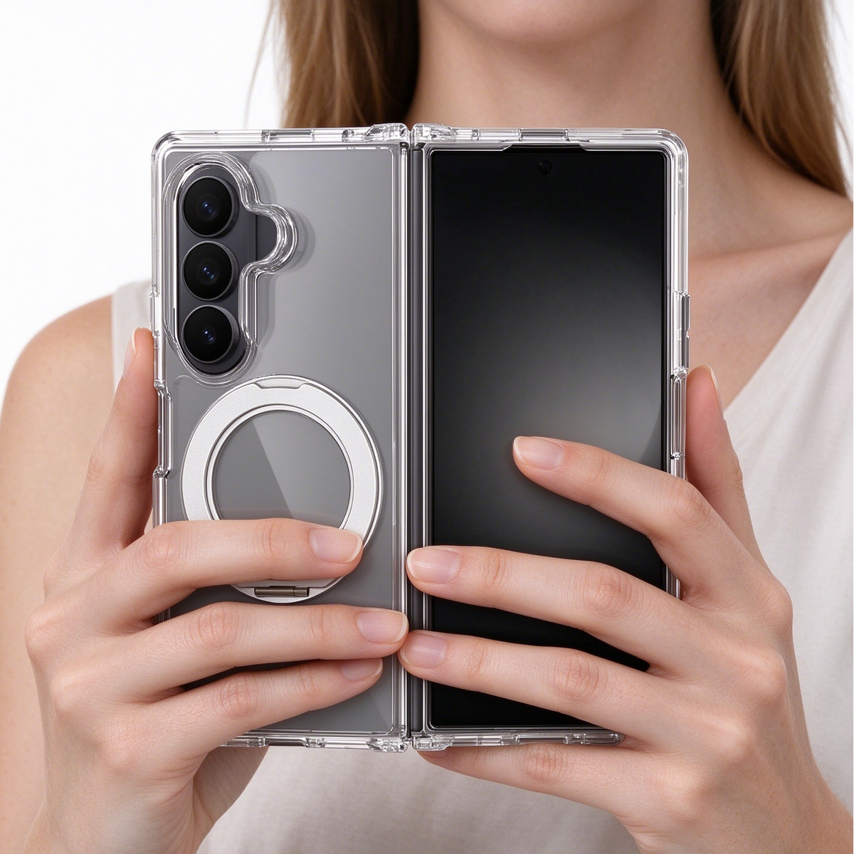 FANSONG for Samsung Z Fold 6 7 8, 2.0 Scratch Resistant Clear Hinge Case with Side Cover & Rotating Kickstand