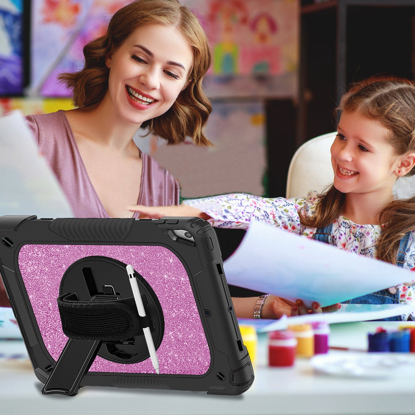 FANSONG iPad 9th 8th 7th Case, Cover for iPad 10.2 inch Kids Glitter with 360° Stand Handle Shoulder Strap Pencil Holder Shockproof Heavy Duty for Apple Tablets iPad 9 2021 8 2020 7 2019