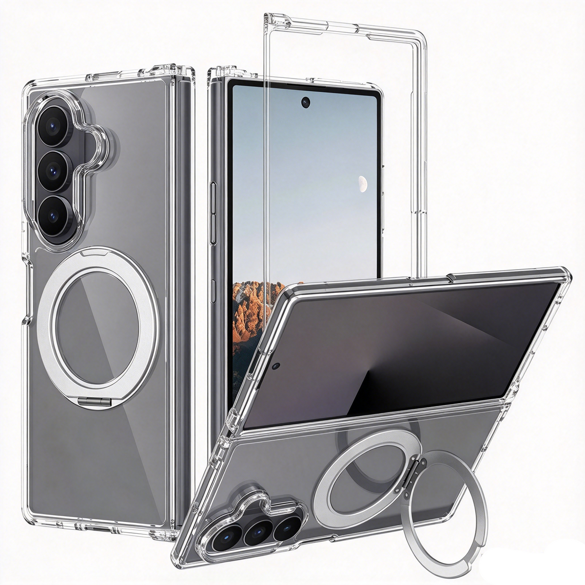 FANSONG for Samsung Z Fold 6 7 8, 2.0 Scratch Resistant Clear Hinge Case with Side Cover & Rotating Kickstand