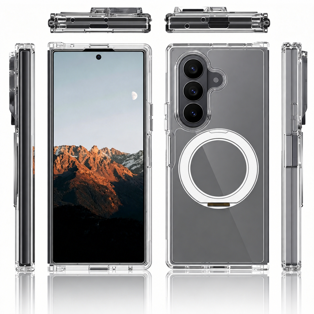FANSONG for Samsung Z Fold 6 7 8, 2.0 Scratch Resistant Clear Hinge Case with Side Cover & Rotating Kickstand