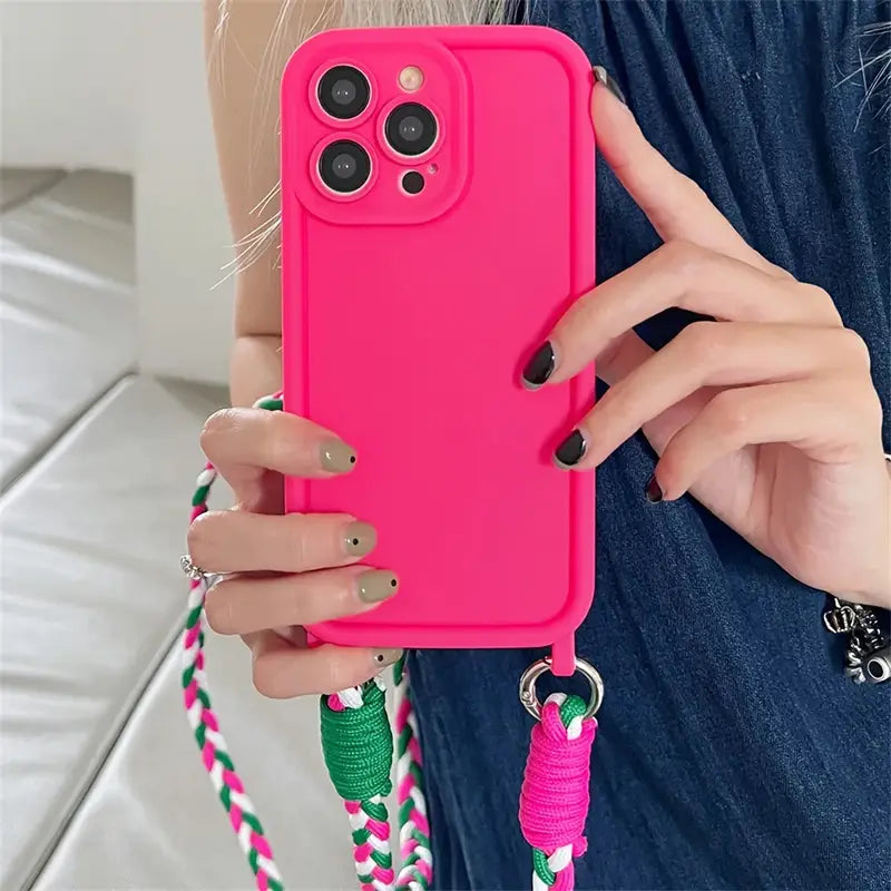 FANSONG Luxury Matte Liquid Silicone Crossbody Necklace Cord Lanyard Soft Case For iPhone 15 Pro Max 14 Pro Max 13 Pro Max 12 Pro Max 11 14 15 13 XR Shockproof Cover