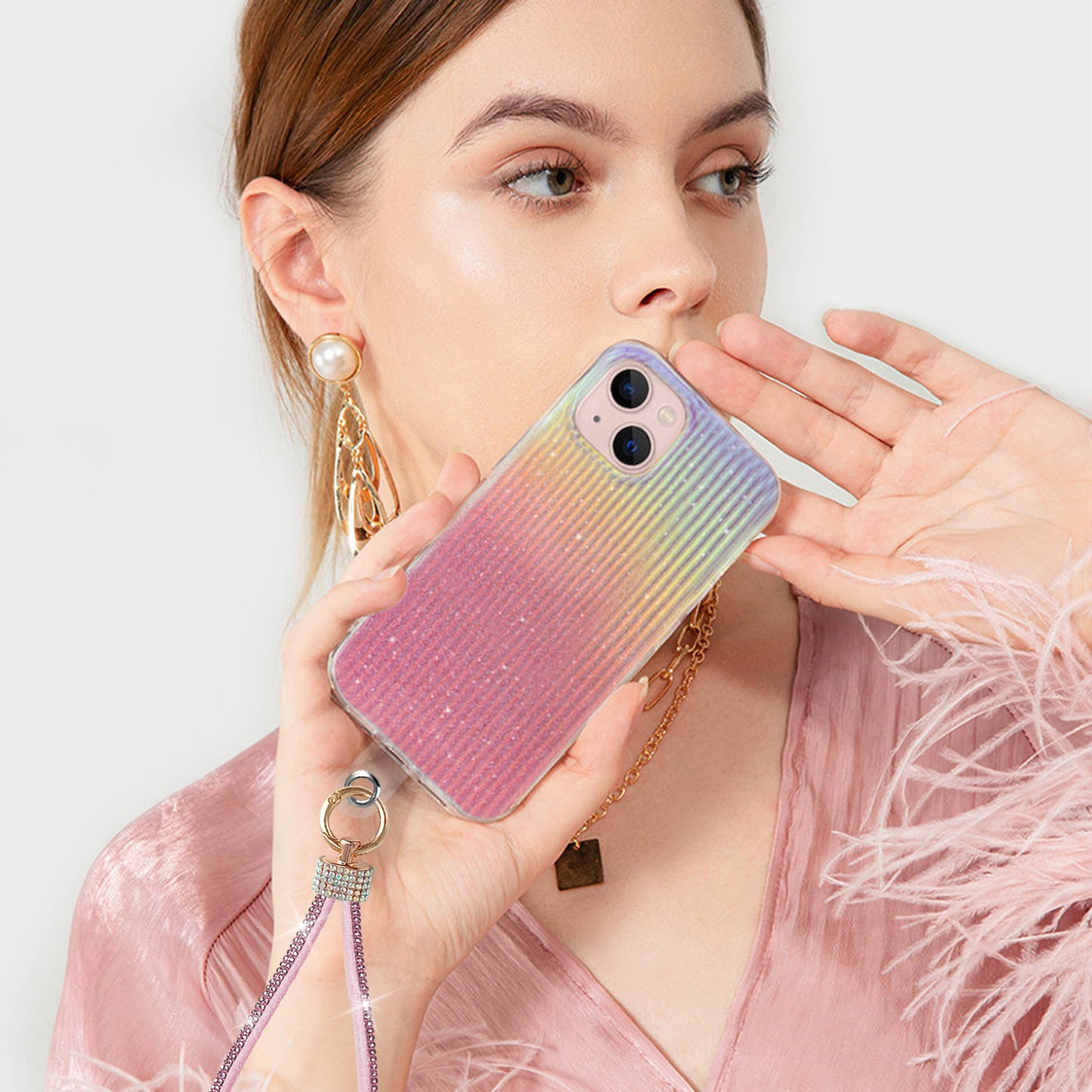 FANSONG Phone Lanyard Universal, Wrist Strap Glitter with 1 x Phone Patches 1x String Tether Bling Wristlet Keychain Strap for All Full Phone Cases Wallet keys Card Holder etc