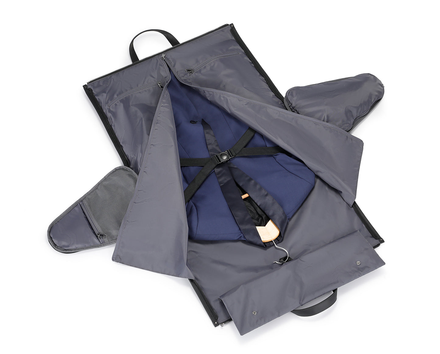 Unique 2-in-1 garment weekender bag with large capacity, trolley sleeve, hidden pockets, waterproof material.