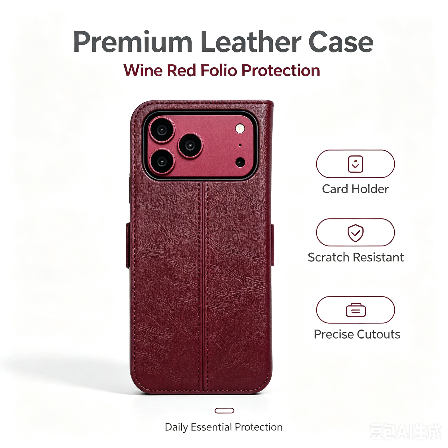 Wine Red Leather Folio Wallet Case for iPhone 18 / 18e / Air / Pro /Pro max — Card Holder & Shockproof Cover for All 18 Series