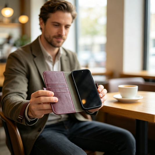 Wine Red Leather Folio Wallet Case for iPhone 18 Pro / 18 Pro max — Card Holder & Shockproof Cover