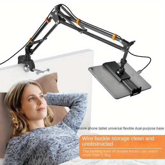 Adjustable Metal Tablet and Phone Stand with Long Arm for Bed, Desk, and Desktop Use - Perfect for Watching Videos, Reading, and Video Calls - Includes Microphone Holder