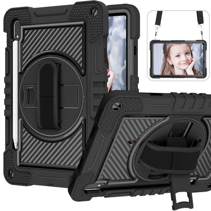 Pour Samsung Galaxy Tab A7 Lite A8 S6 Lite S7 FE S8 PLUS Étui de protection militaire antichoc robuste - Support pour stylet - Béquille rotative - Dragonne/bandoulière - Noir