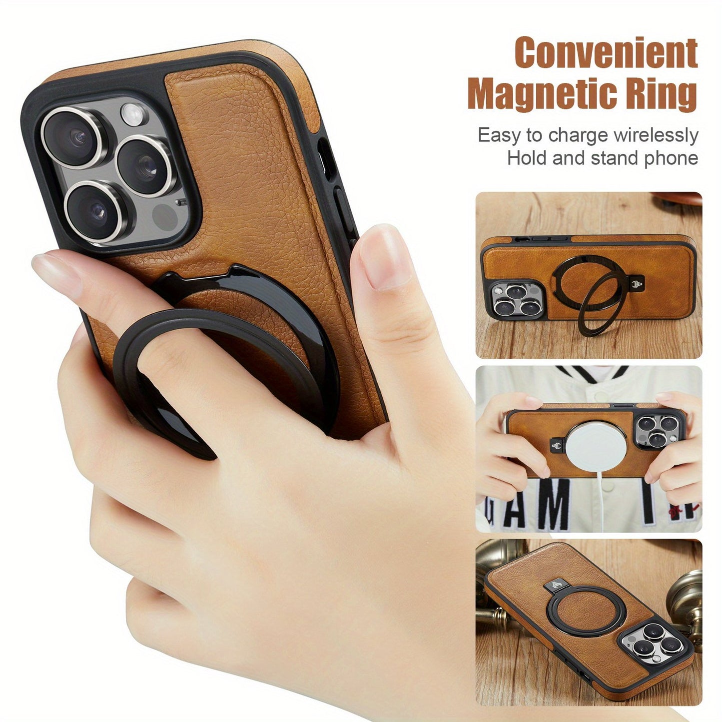 For IPhone 15 14 13 12  Pro Max Case Compatible With MagSafe Kickstand Vegan Leather Slim Classic Luxury Elegant Thin Protective Cover