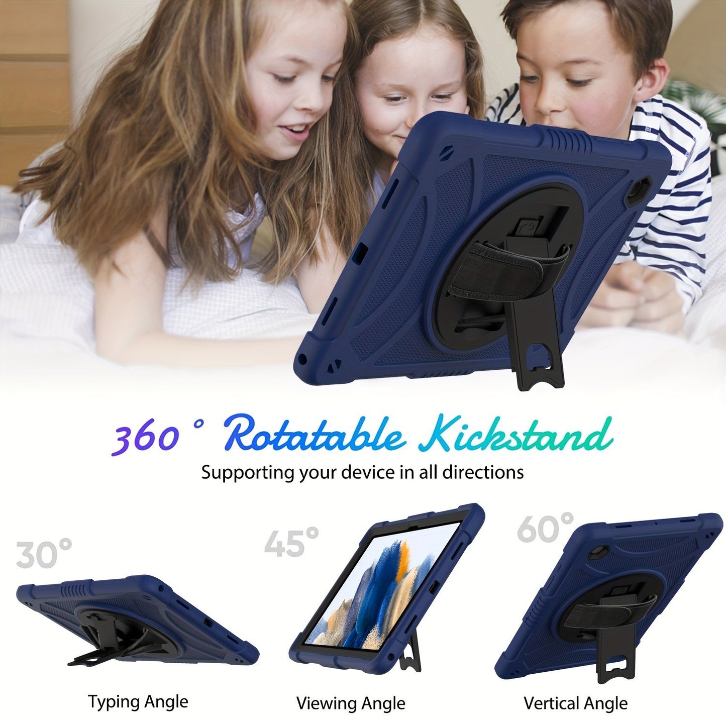 Protective case for samsung galaxy Tab A8 10.5 inch 2021, X200/X205/X207 Case with kickstand, Heavy Duty Shockproof Hard Hybrid Protective, 360° Rotating design with shoulder strap
