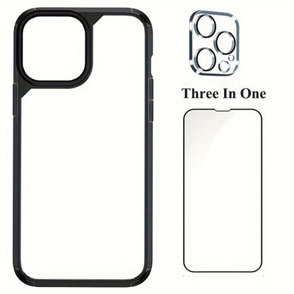 3 In 1 Phone Case With Tempered Glass Screen Protector And Lens Camera Protector For IPhone 15 14 13 12 11 Pro Max Plus Phone Back Cover