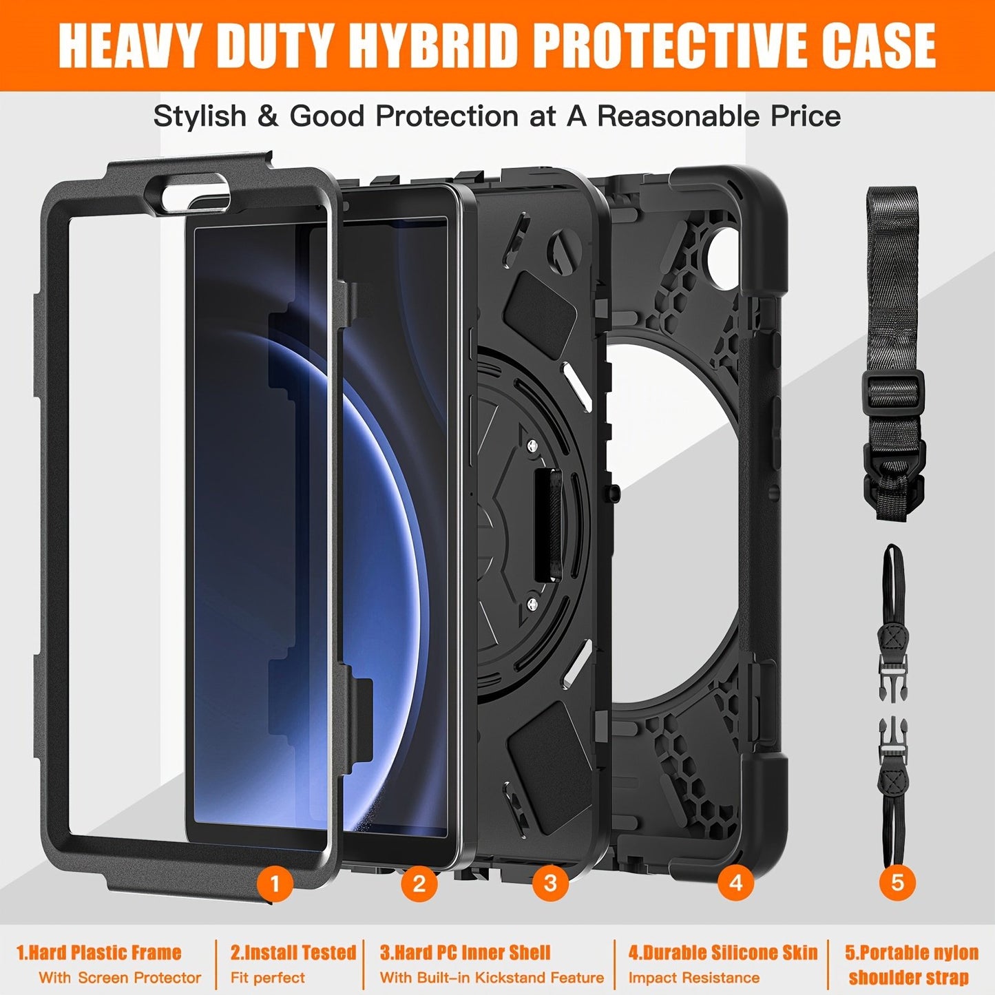 Samsung Galaxy Tab A9 Case 8.7 Inch 2023 SM-X110/X115/X117 with Screen Protector | Heavy Duty Shockproof Case with Rotating Stand Hand Strap for Galaxy Tab A9 Tablet