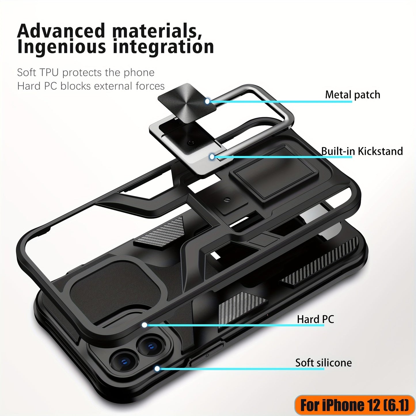 ymxdmd Compatible iPhone 12 Heavy Duty Military Grade Shockproof Kickstand Case Double Protection (TPU+PC) Solid and Durable Magnetic Car Phone Case, Suitable for iPhone 12 6.1 Inches (Black)
