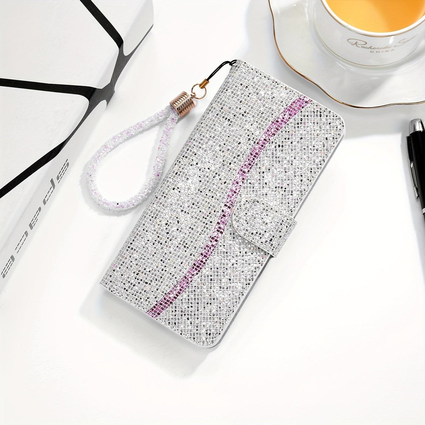 Sequin Glitter Artificial Leather Card Bag Wallet Phone Case For Samsung Galaxy