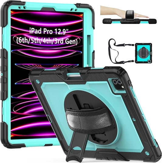 iPad Pro 12.9 inch Case 6th 2022 2021 5th Generation iPad Pro 12.9 Inch 2020 4th Gen with Screen Protector Pencil Holder Kids Shockproof Rugged Silicone Cover 360 Stand Hand Strap Black